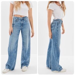 AE Super High-Waisted Baggy Wide-Leg Jeans Distressed Hem Size 14 X-Long NWT